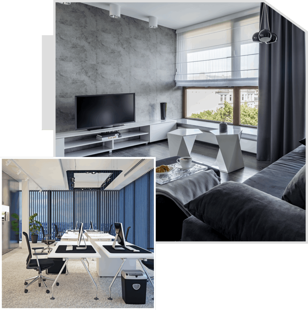 A room with two different types of furniture.