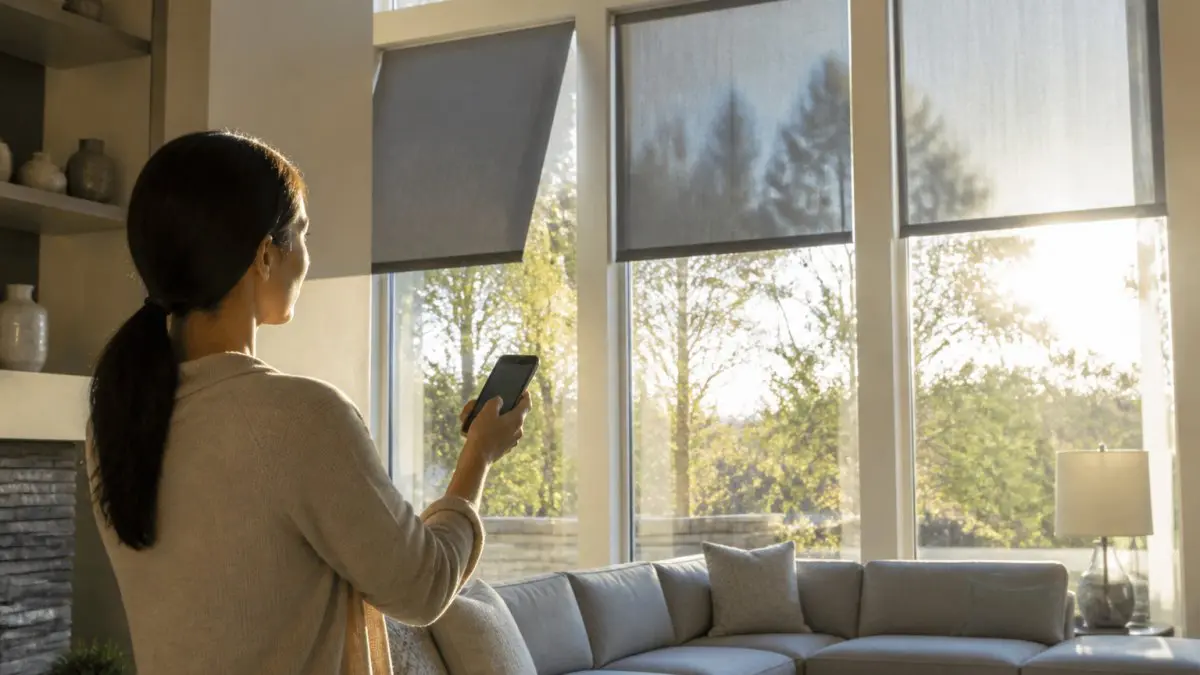 A homeowner in a bright living room using a smartphone app to raise motorized roller shades on tall windows, sunlight streaming in