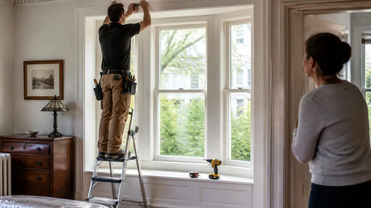 Custom shade installers fitting a roller bracket above a bay window while a homeowner watches from the doorway.