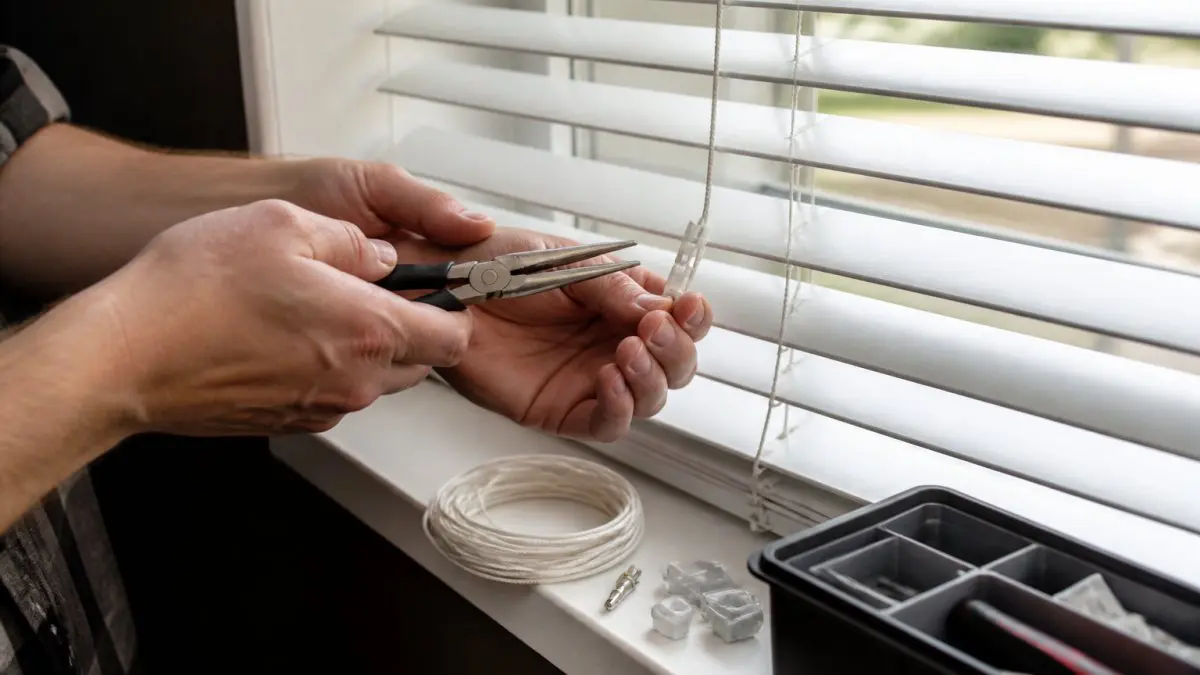 A close-up of hands using needle-nose pliers to restring a broken lift cord on a set of white faux-wood window blinds, with a small toolbox and replacement cord nearby on a windowsill