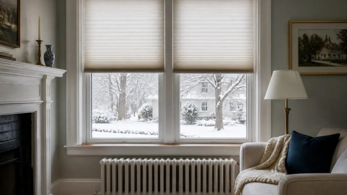 A close-up of white honeycomb cellular shades pulled halfway down over a tall double-hung window in a classic New England living room, winter daylight glowing through the fabric cells, a radiator visible beneath the sill