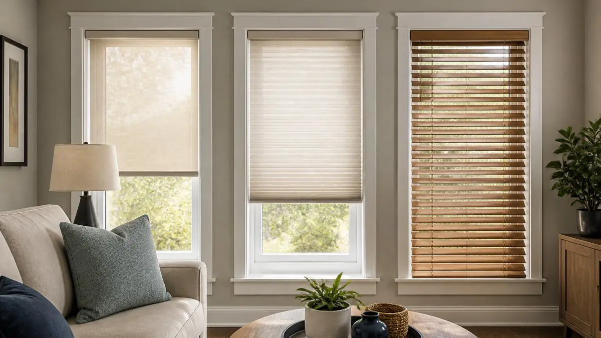 A bright room featuring various Hunter Douglas blinds, including roller shades, cellular shades, and faux wood.