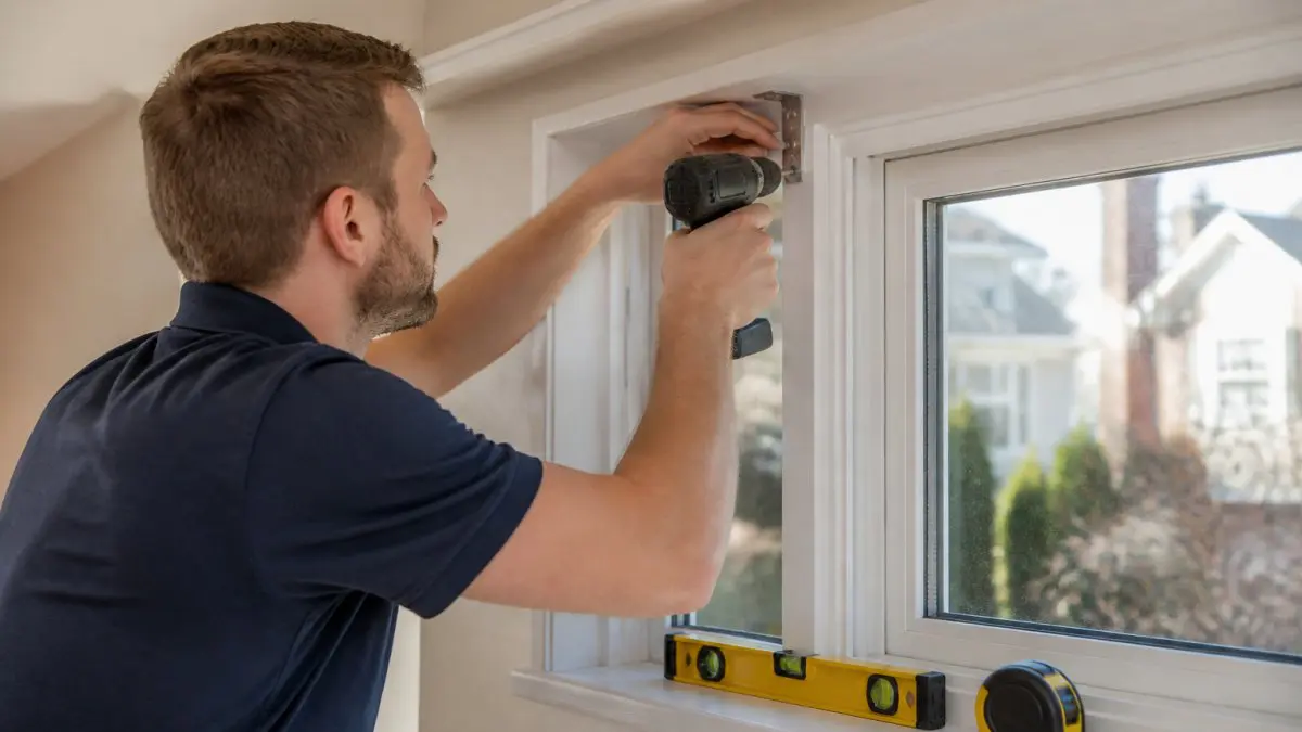 A professional installer in work clothes mounting a window treatment bracket on a residential window frame, drill in hand, with a level and measuring tape nearby on the sill