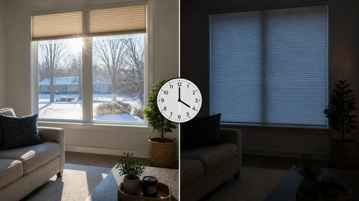 Split-panel view showing a south-facing window with shades open during bright midday winter sun and the same window with shades closed at dusk, with a clock overlay indicating 4 p.m. transition time